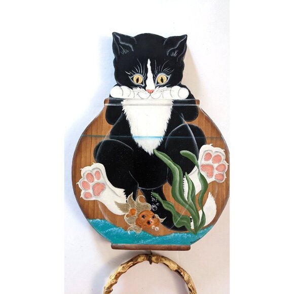 Handcrafted Towel Holder Ring Cat And Fish Bowl Wood Cottage Country StyleSigned - Picture 3 of 9